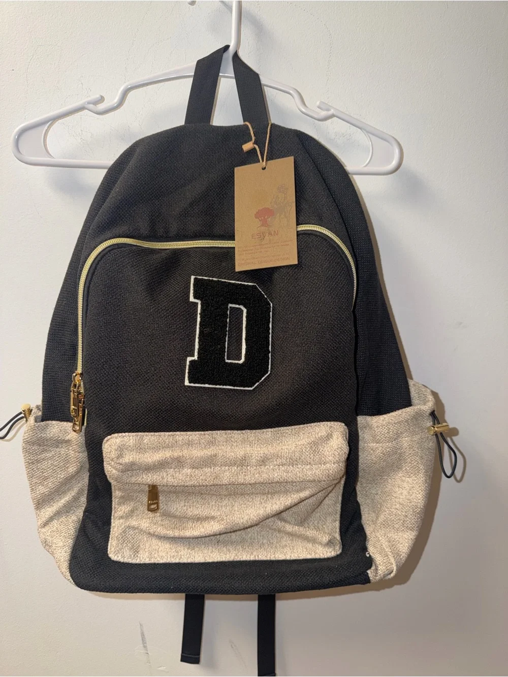 Black and Cream Canvas Backpack with 'D' Patch